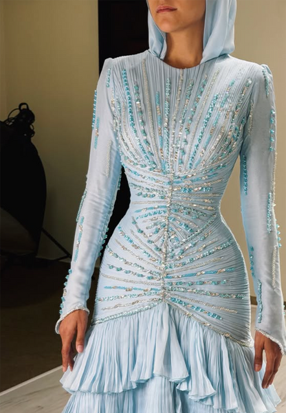 Long-Sleeve Hooded Gown with Beaded Bodice & Tiered Skirt
