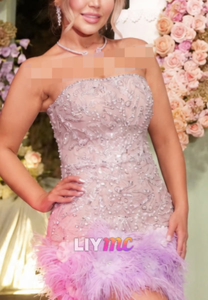 Strapless Beaded Mini Dress with Feather Hem Trim