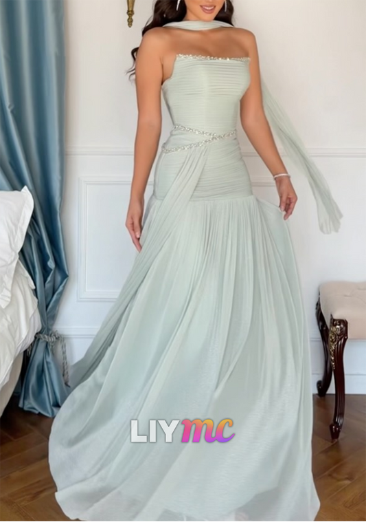 Strapless Ruched Gown with Beaded Waist Detail