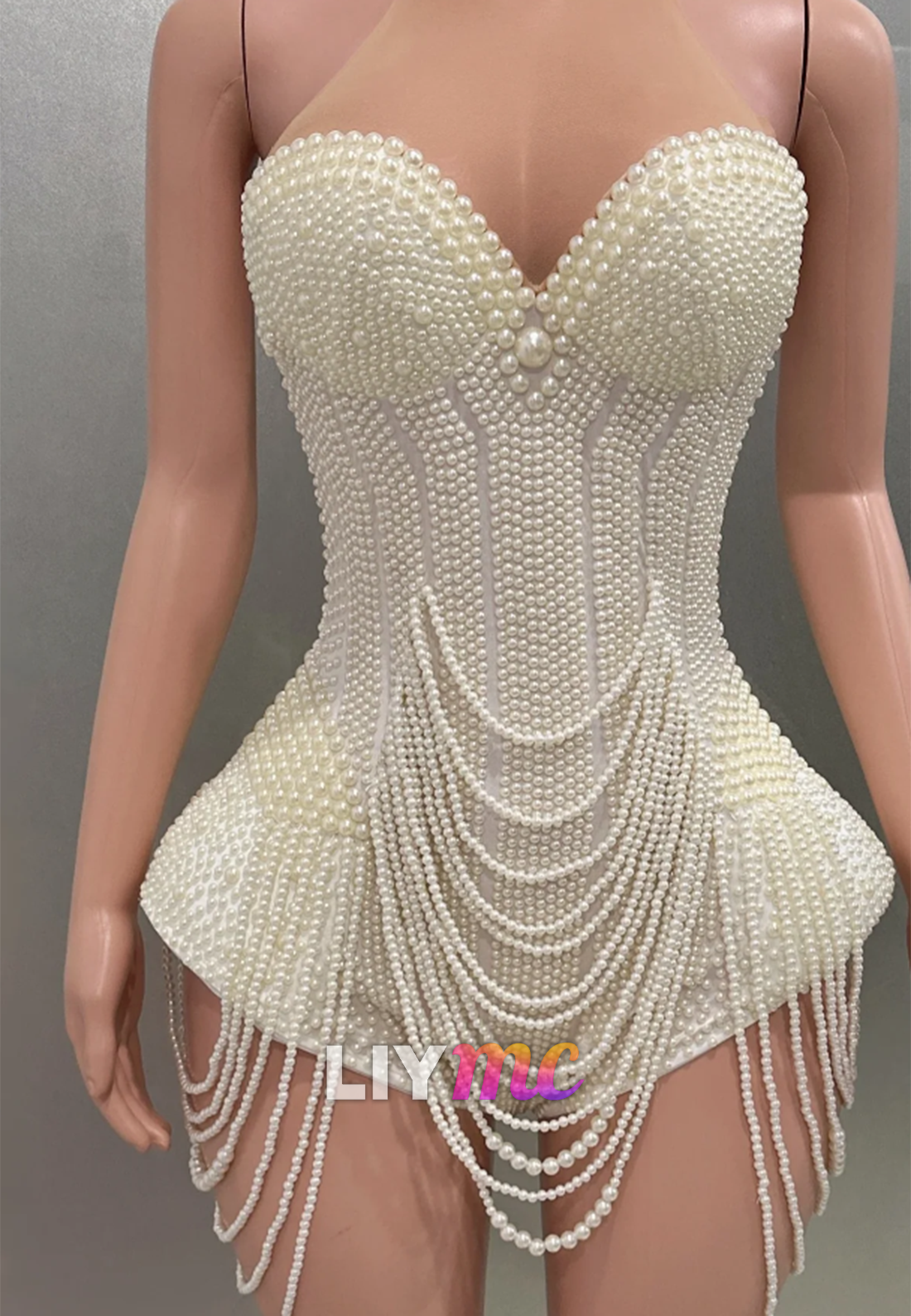 Strapless Pearl Embellished Corset Romper with Fringe