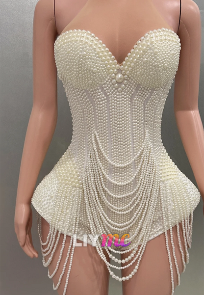 Strapless Pearl Embellished Corset Romper with Fringe