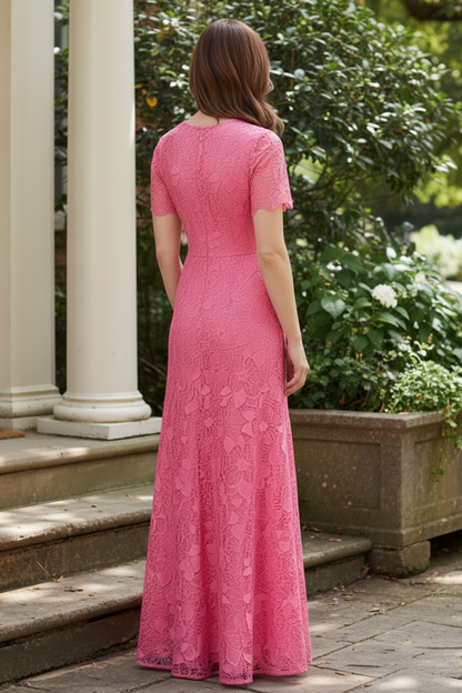 Short Sleeve Illusion Lace A-Line Gown