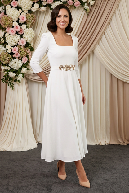 Square Neck A-Line Midi Dress with Belt