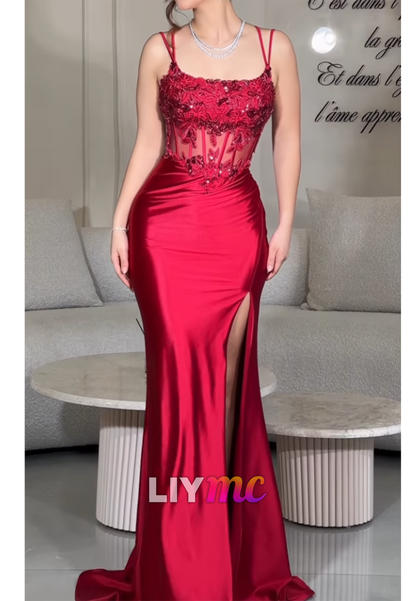 Beaded Illusion Corset Mermaid Prom Dress with Slit