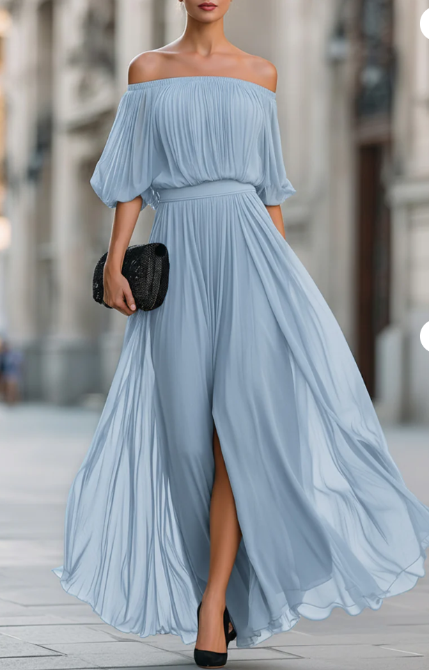 Off-the-Shoulder Pleated Chiffon Maxi Dress