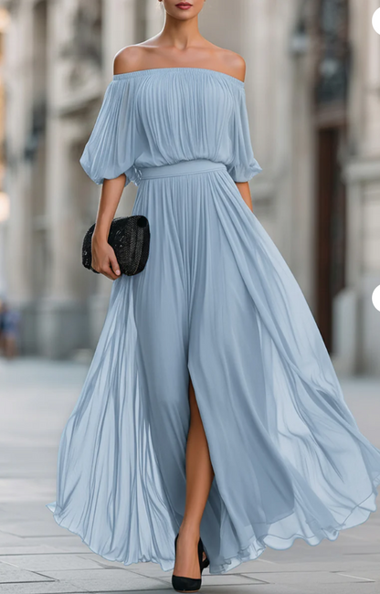 Off-the-Shoulder Pleated Chiffon Maxi Dress