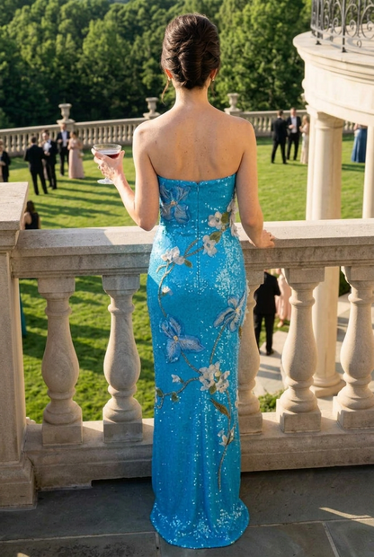 Strapless Floral Applique Sequin Column Gown