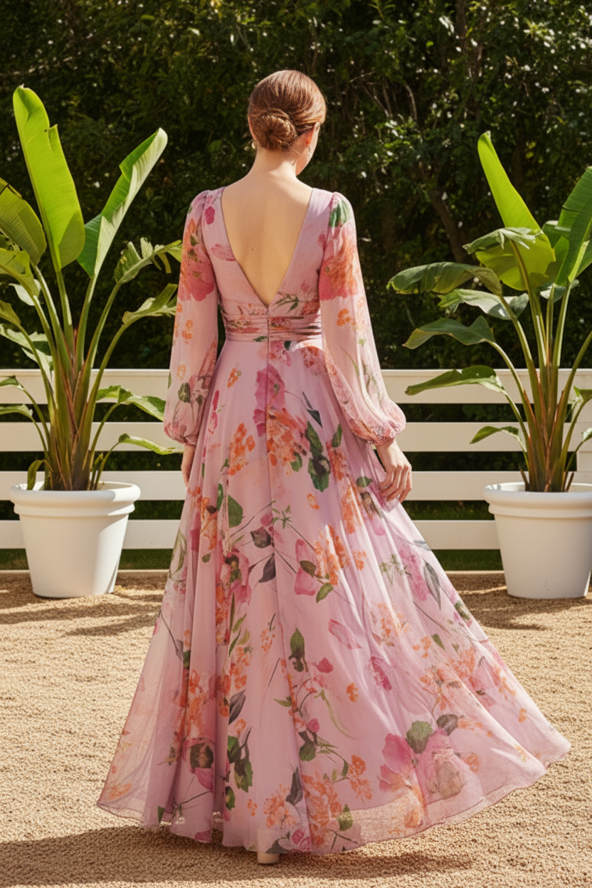 Floral Deep V-Neck Maxi Dress with Bishop Sleeves