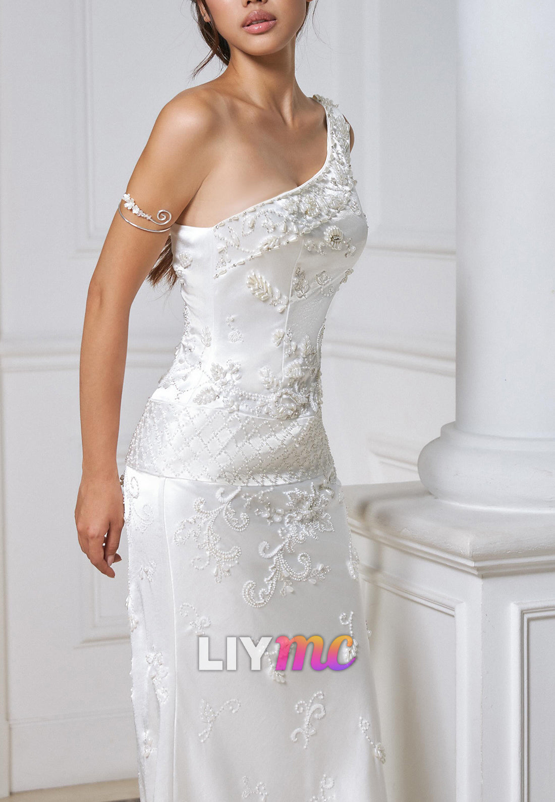 One-Shoulder Pearl Beaded Satin Evening Gown