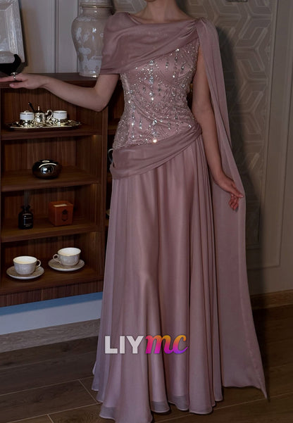 Asymmetrical Cape Chiffon Gown with Beaded Bodice