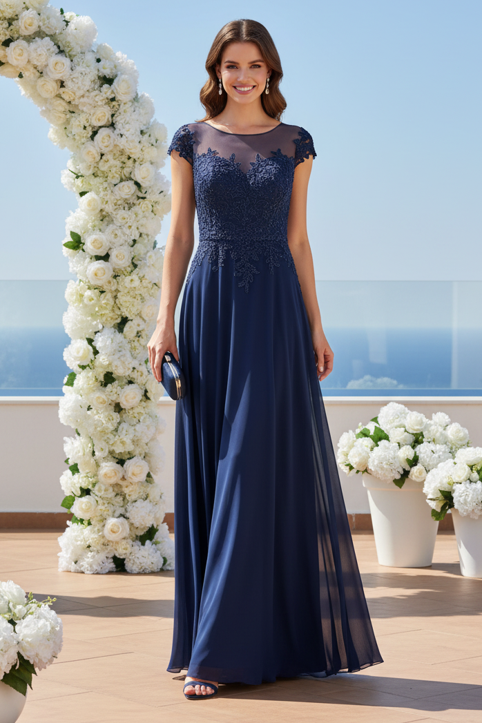 Illusion Neck Beaded Lace Chiffon A-Line Gown