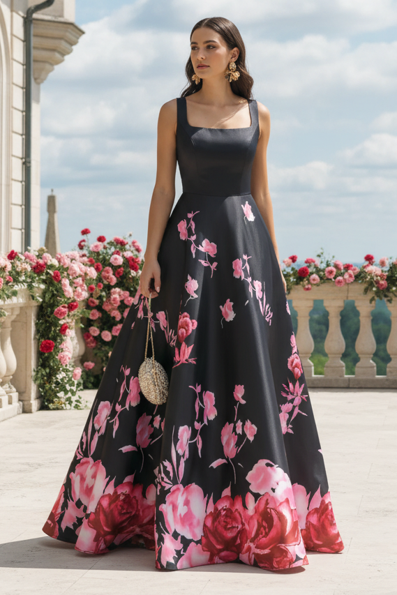 Square Neck Floral Satin A-Line Evening Gown with Pockets