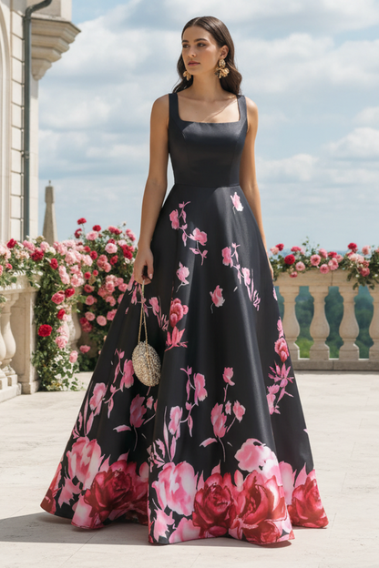 Square Neck Floral Satin A-Line Evening Gown with Pockets