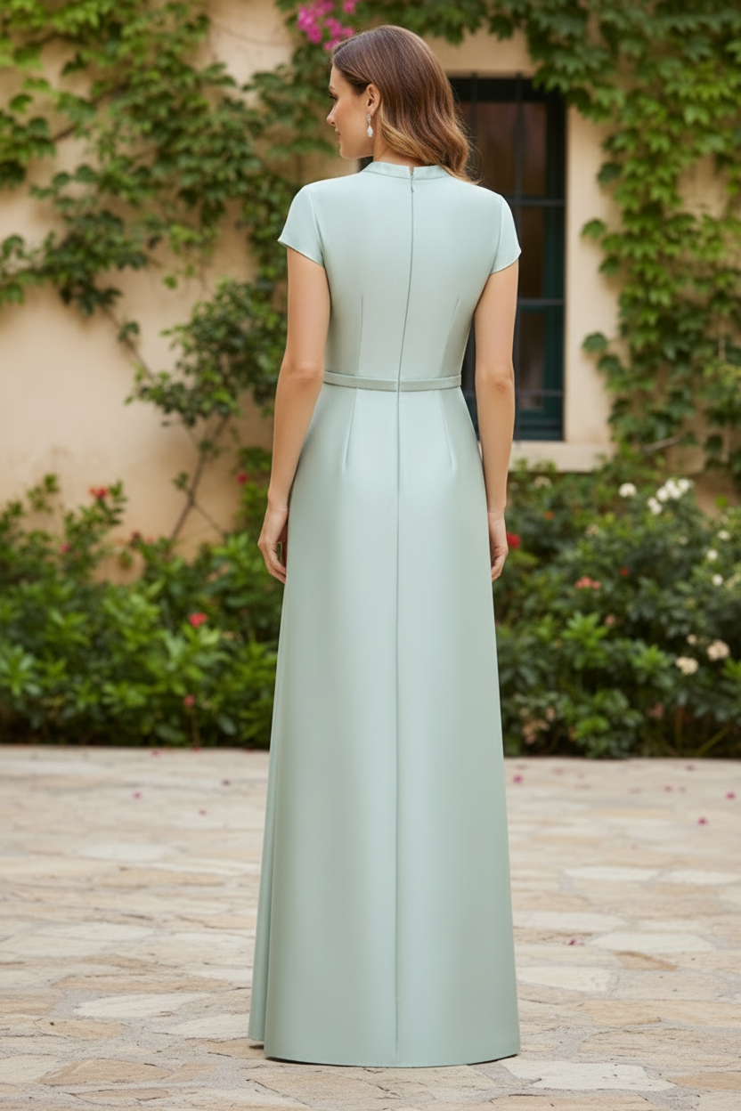 High-Neck Satin Sheath Gown with Beaded Floral Detail