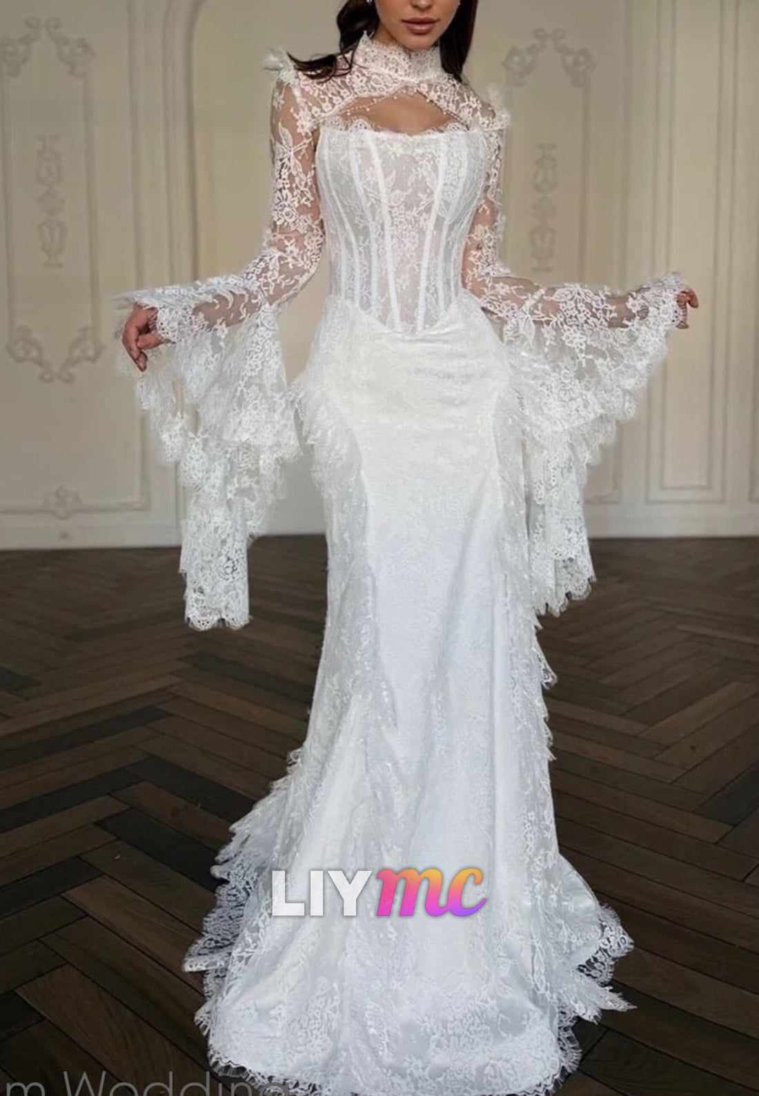 High Neck Lace Mermaid Wedding Dress with Bell Sleeves
