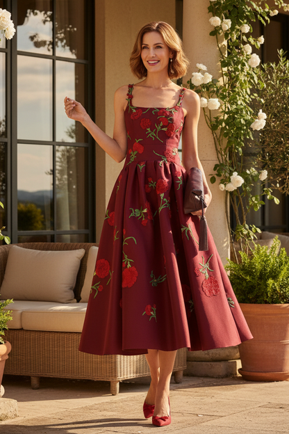 Floral Embroidered A-Line Midi Dress