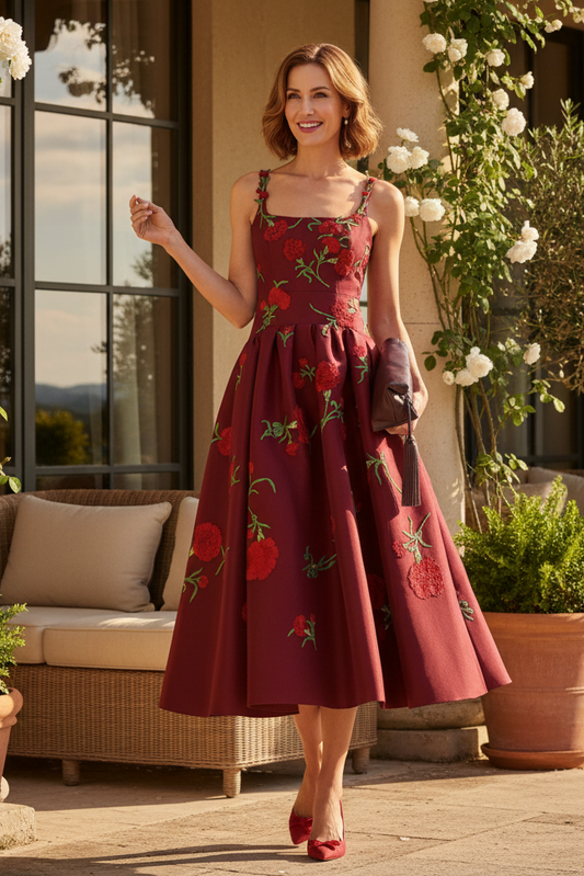 Floral Embroidered A-Line Midi Dress