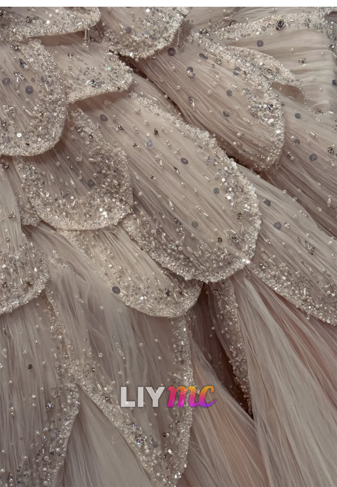 Tiered Petal Ball Gown with Beaded Scallops