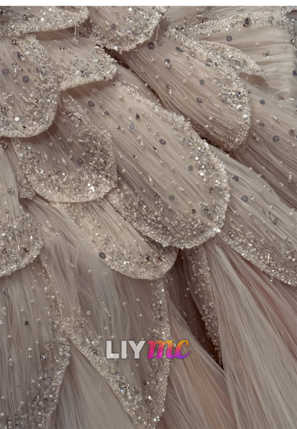 Tiered Petal Ball Gown with Beaded Scallops