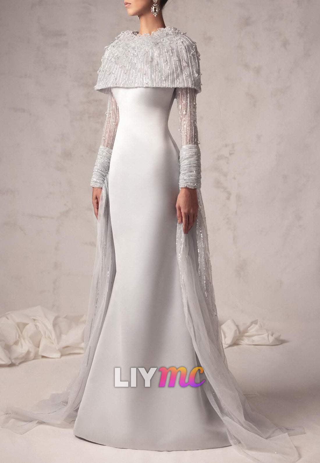Crystal Beaded Capelet Long Sleeve Formal Gown
