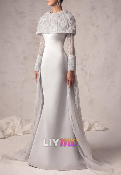 Crystal Beaded Capelet Long Sleeve Formal Gown