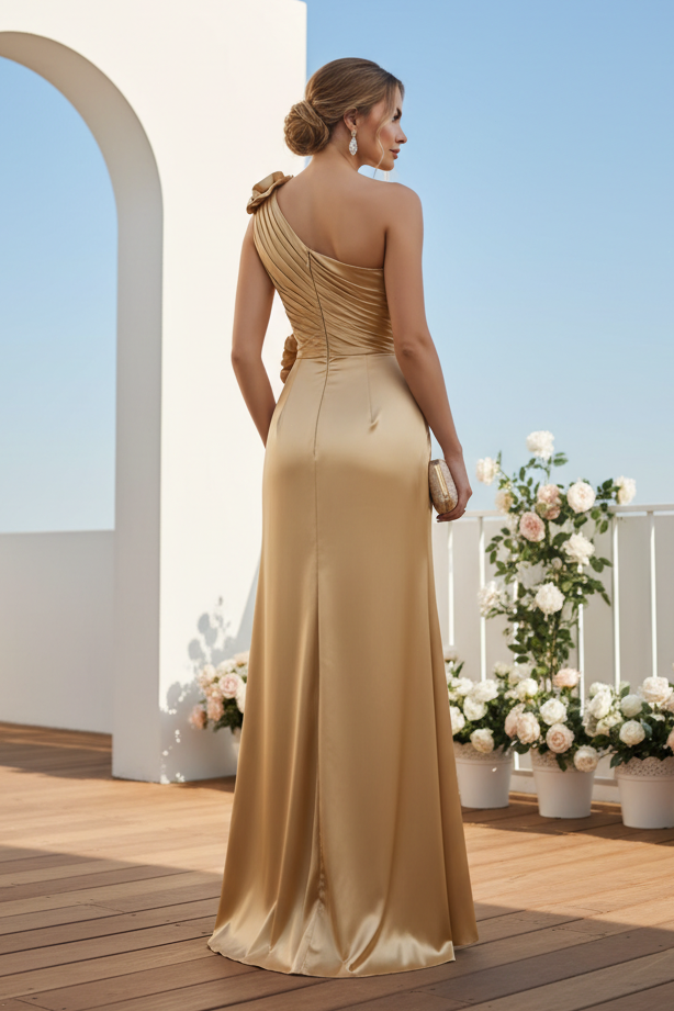One-Shoulder Satin Evening Gown with 3D Flowers