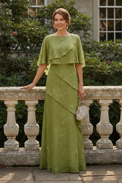 Embroidered Capelet Tiered A-Line Gown