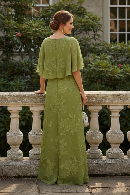 Embroidered Capelet Tiered A-Line Gown