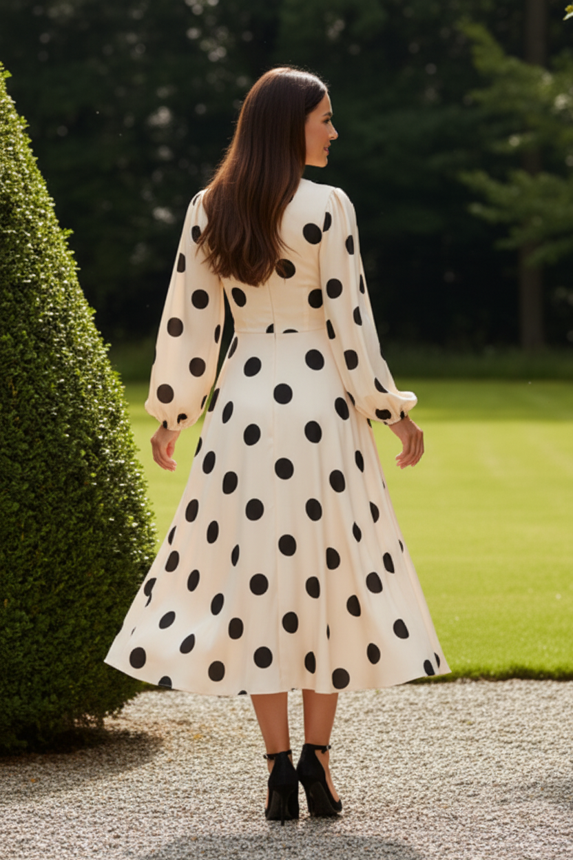Vintage Polka Dot Satin A-Line Midi Dress