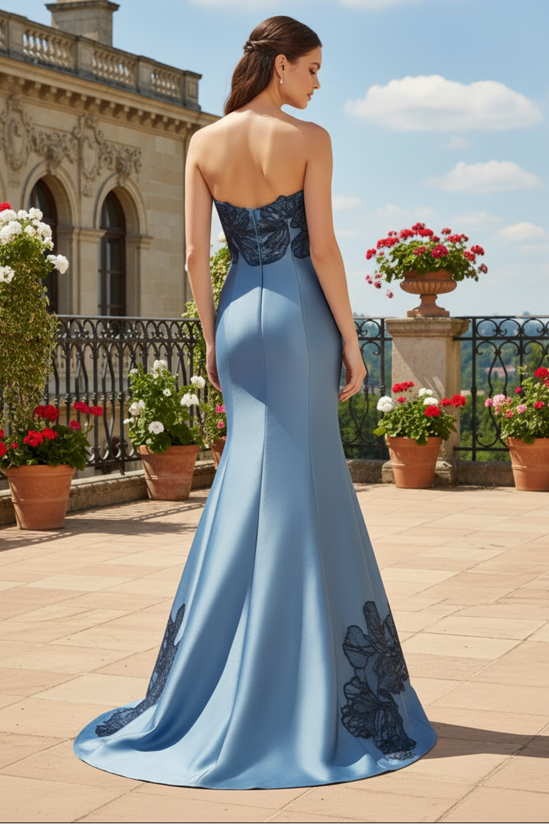 Strapless Satin Mermaid Gown with Lace Appliques