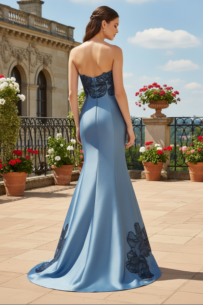 Strapless Satin Mermaid Gown with Lace Appliques