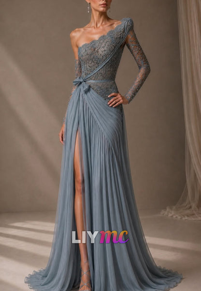 One-Shoulder Lace & Pleated Chiffon Gown with Slit