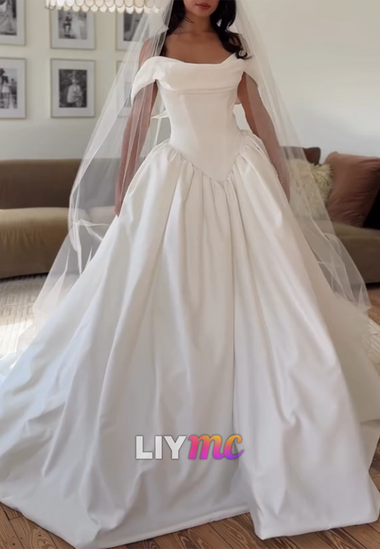 Off-the-Shoulder Basque Waist Satin Ball Gown Wedding Dress