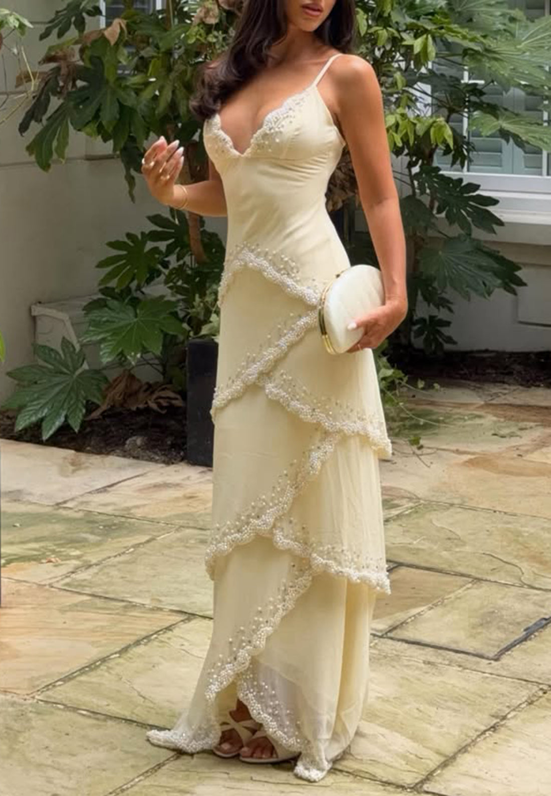 Pearl-Trimmed Tiered Satin Gown with High Slit