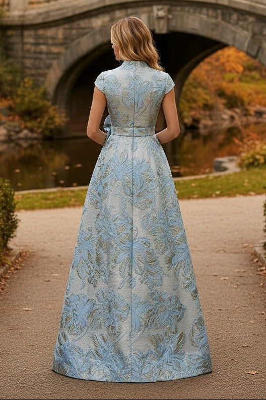 Jacquard Gown with Embroidered Underdress & Overskirt