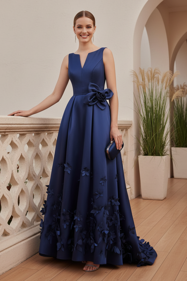 Floral Applique A-Line Evening Gown