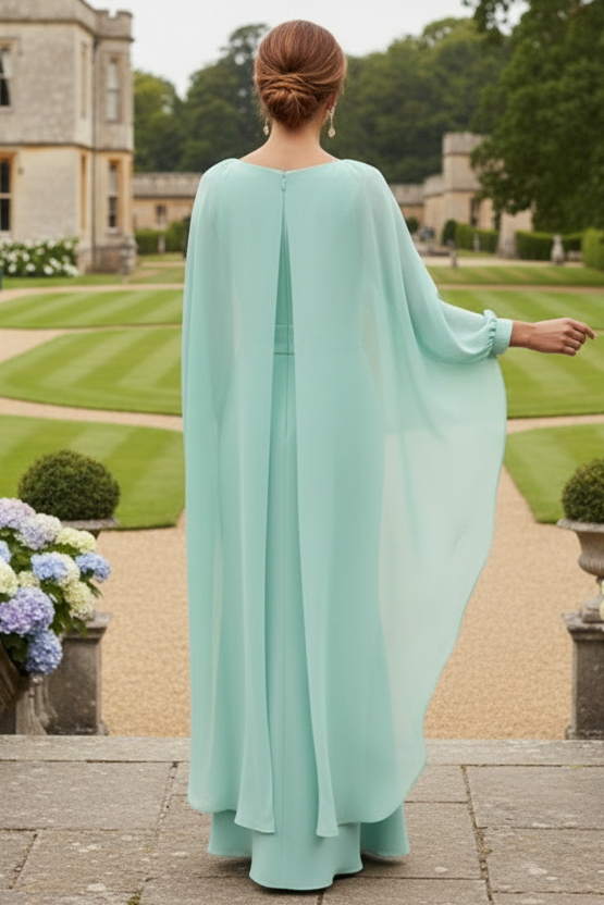 Chiffon Cape Gown with 3D Flower Detail