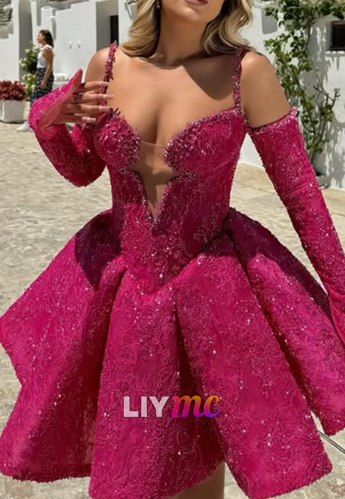Beaded Lace Off-the-Shoulder Mini Ball Gown
