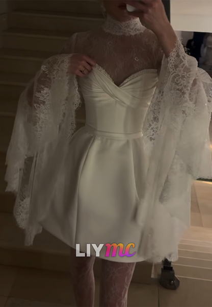Satin Mini Wedding Dress with Lace High-Neck Jacket