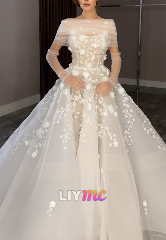 Floral Applique Ball Gown Wedding Dress Long Sleeves