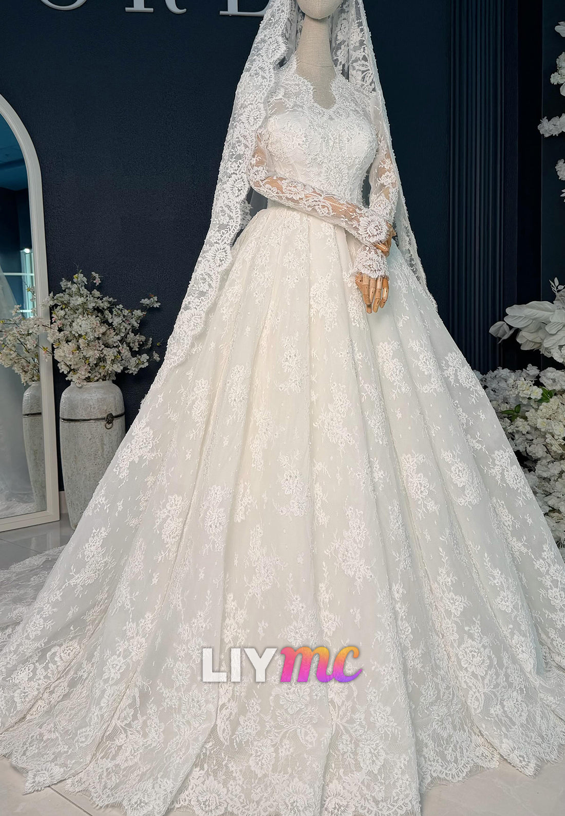 Long Sleeve Lace Ball Gown with Cathedral Veil