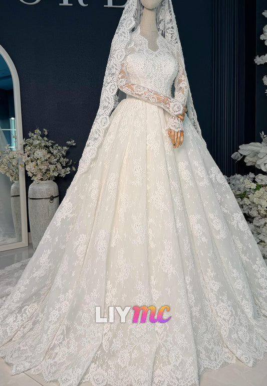 Long Sleeve Lace Ball Gown with Cathedral Veil