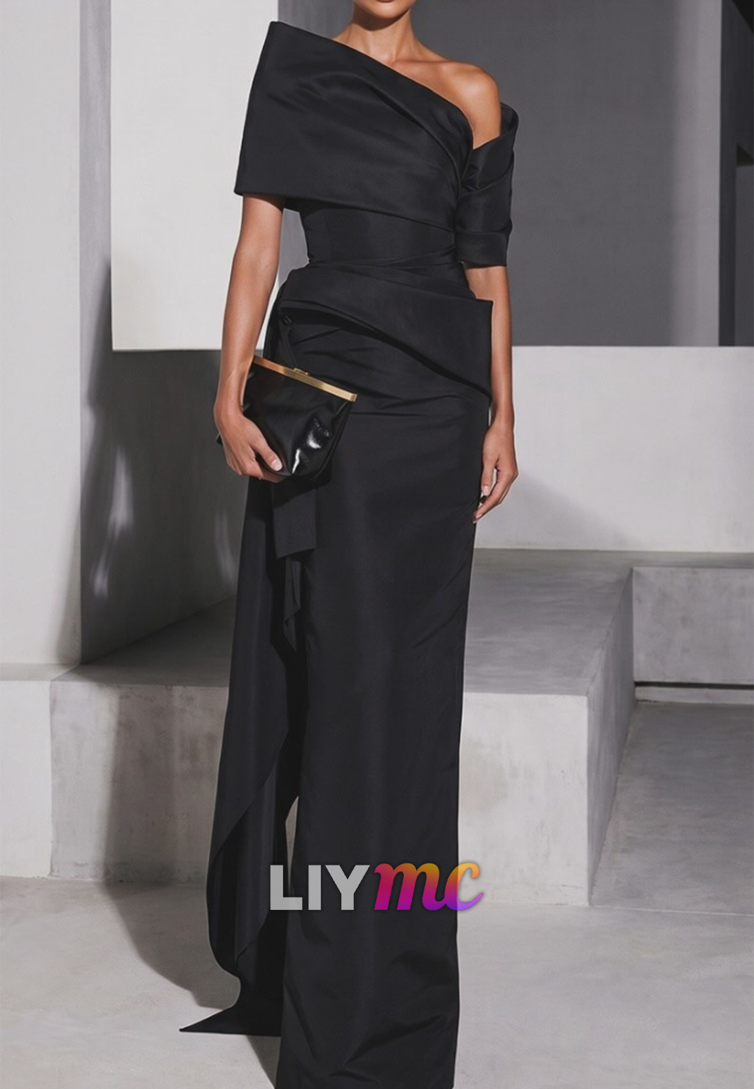 Asymmetrical Draped Column Evening Gown