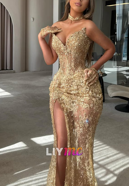 Embellished Corset High-Slit Gown