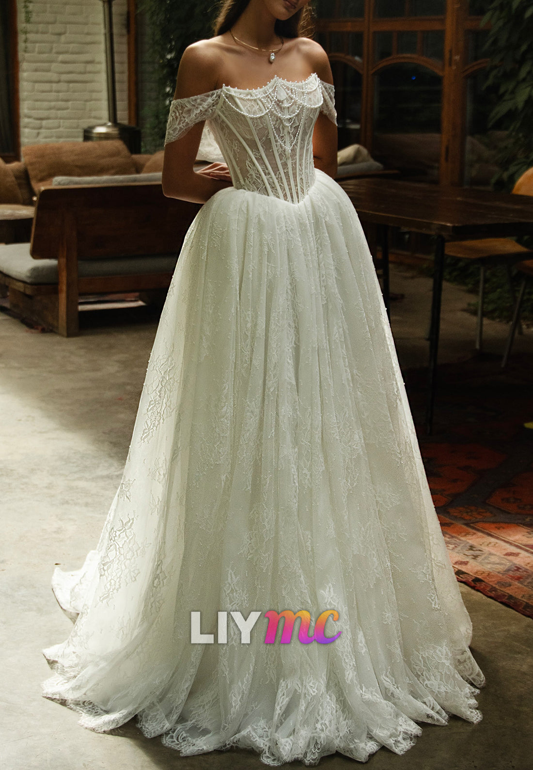 Off-the-Shoulder Lace Corset Wedding Dress