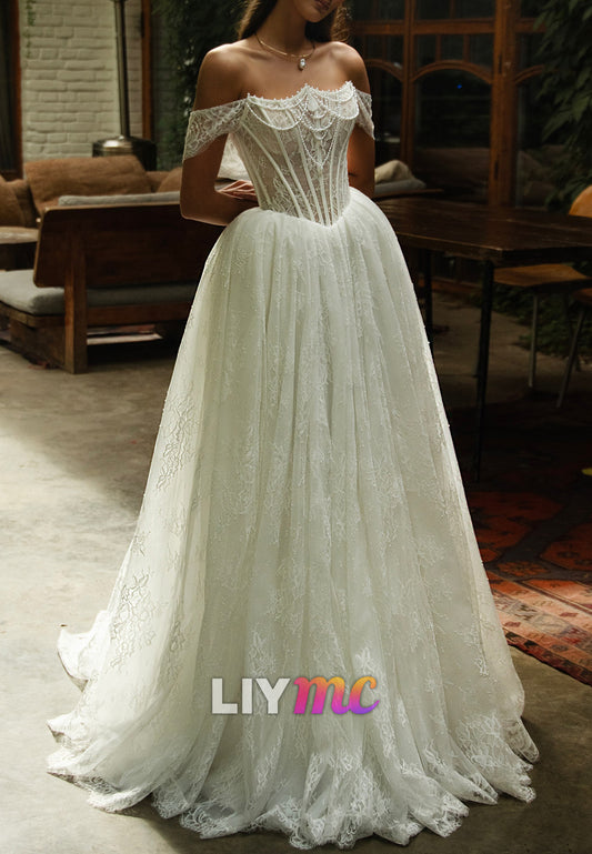 Off-the-Shoulder Lace Corset Wedding Dress