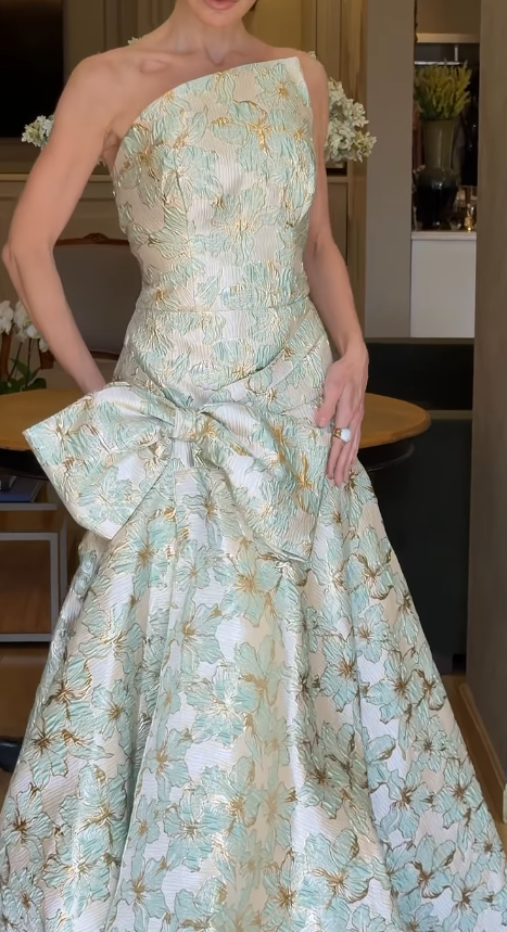 Asymmetrical Floral Jacquard Gown with Bow
