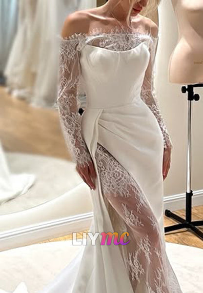 Off-the-Shoulder Lace Sleeve Wedding Dress with Slit