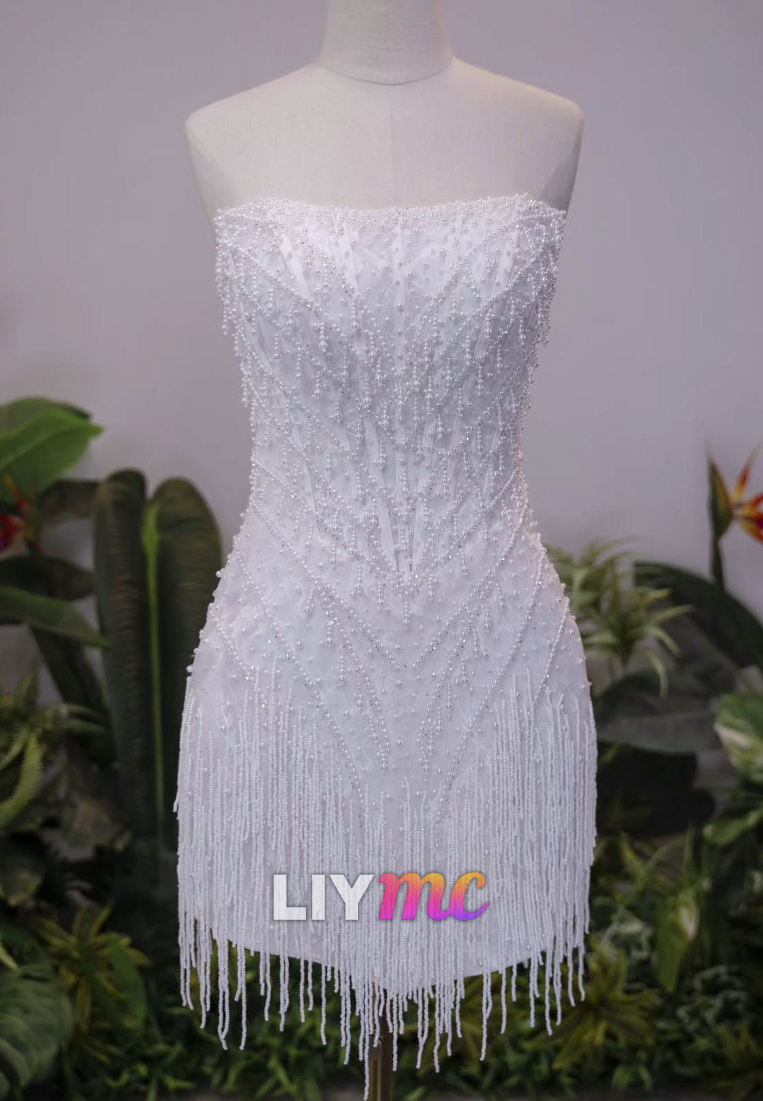 Strapless Beaded Fringe Mini Wedding Dress
