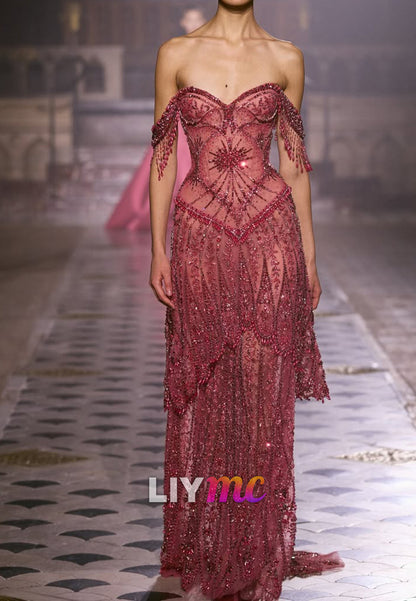 Beaded Illusion Corset Gown with Fringe Sleeves